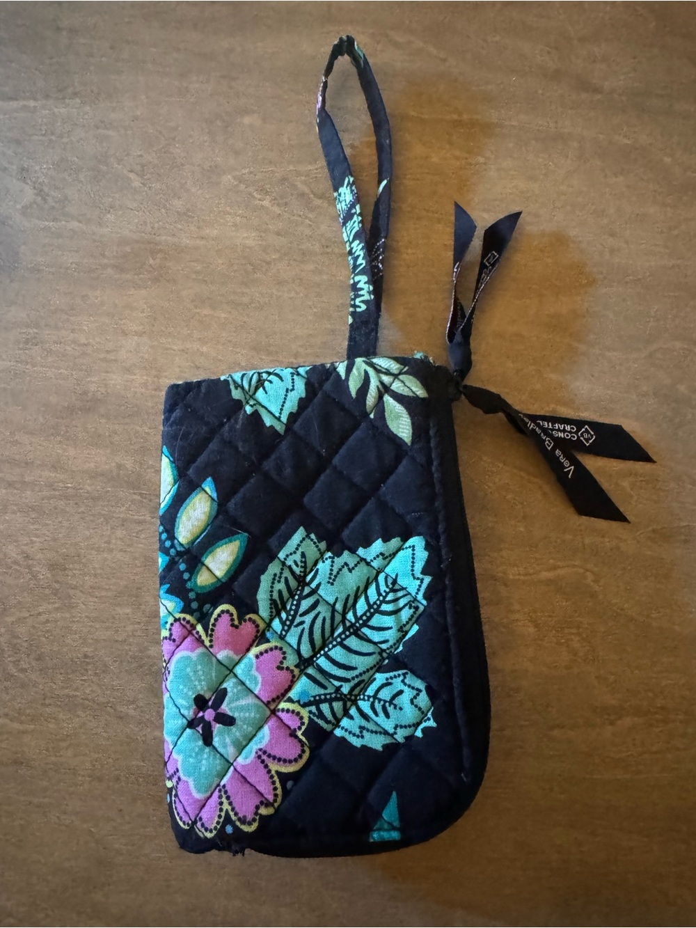 Vera Bradley Black Floral Quilted Wristlet Wallet with Aqua and Pink Accents - Picture 2 of 5
